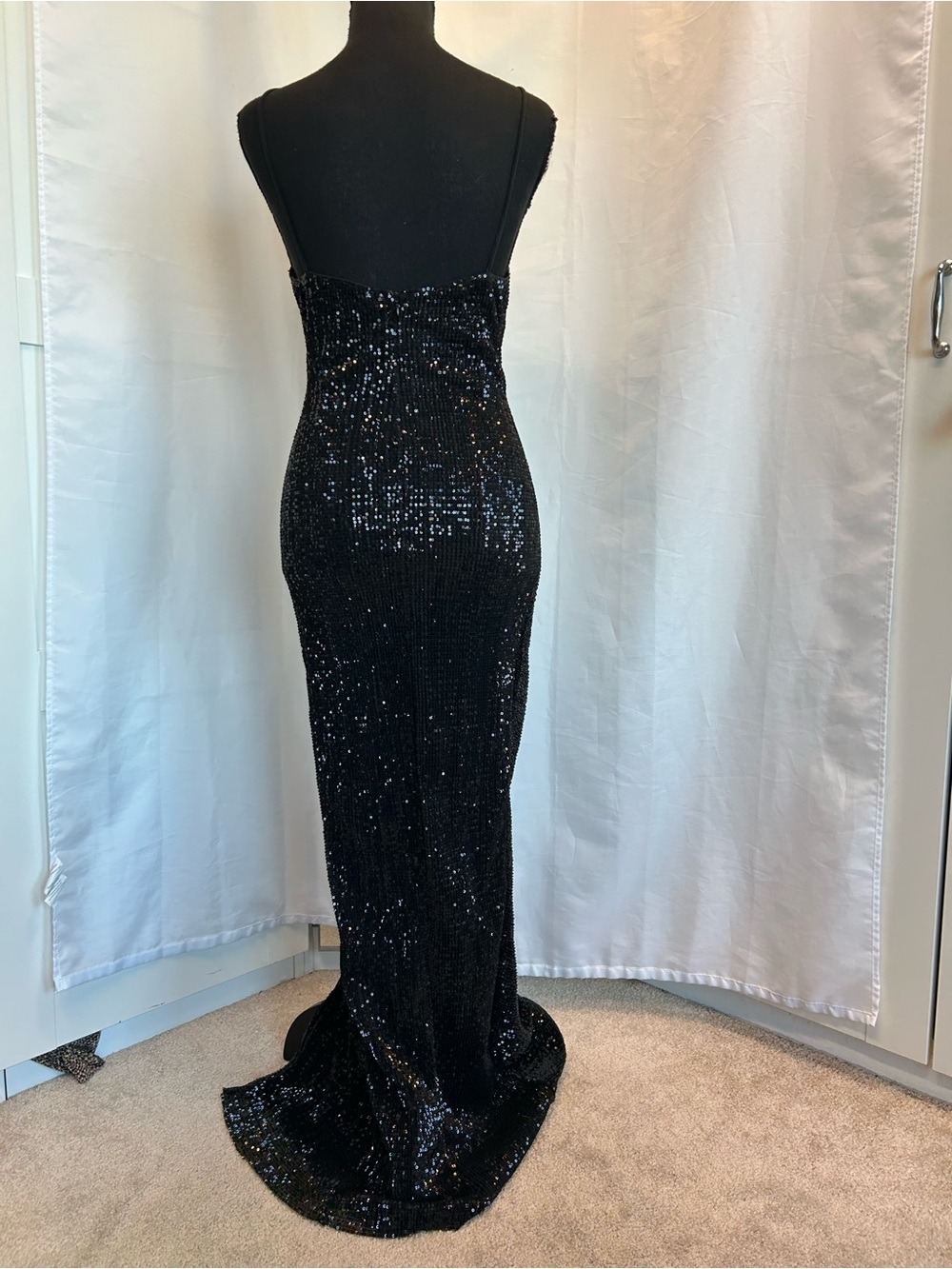 Black Sequin embellished Spaghetti Strap V-neck Formal Evening Gown high slit 8 - Picture 5 of 15
